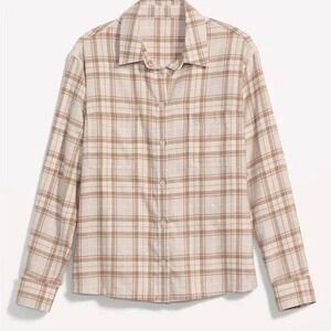 Old Navy Cropped Plaid Flannel Boyfriend Shirt Cream Fall Neutral Womens L Tall‎